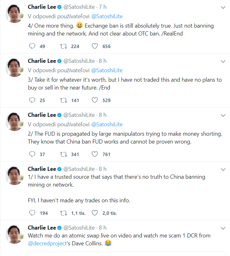 charlie lee bitcoin mining ban in china is false