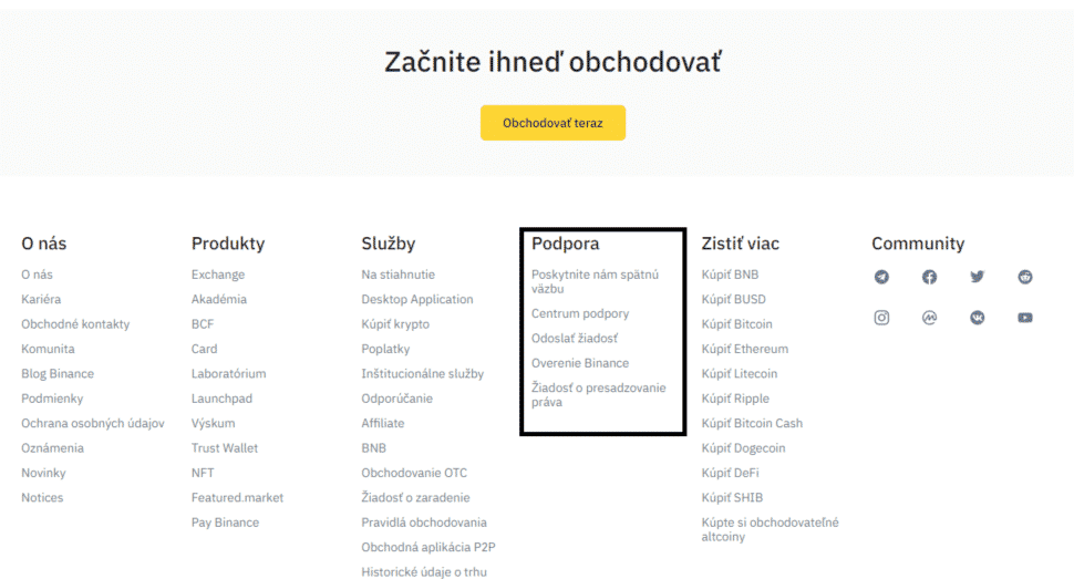 Podpora naBinance. Zdroj: Binance