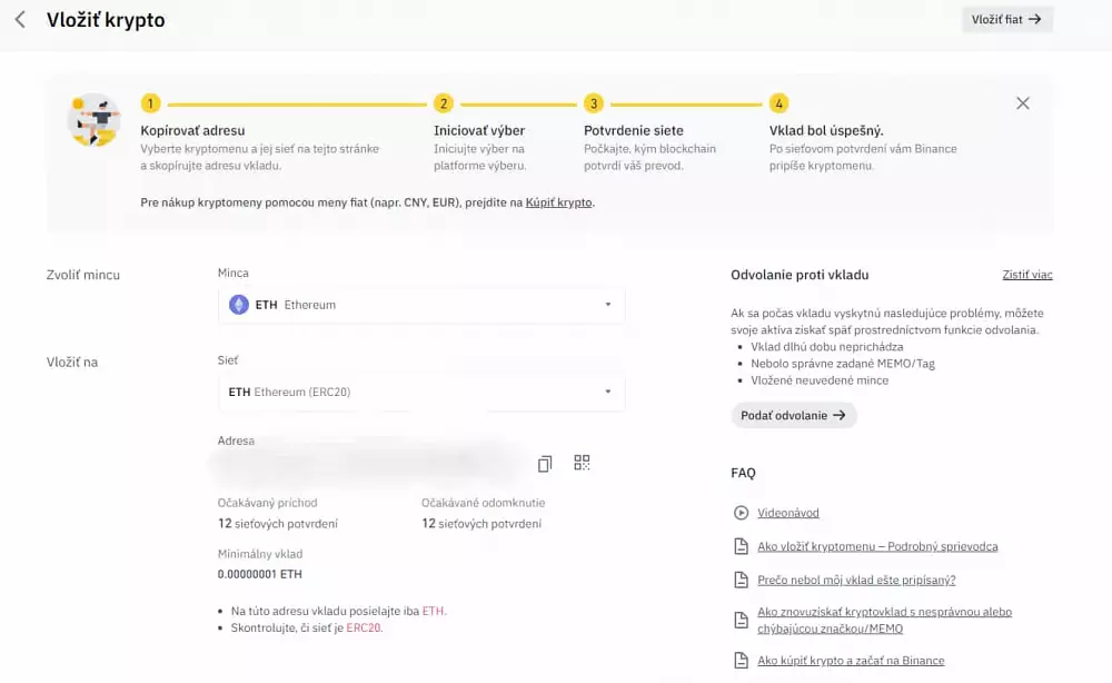 Vklad krypto na Binance. Zdroj: Binance