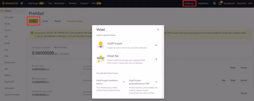 Vklad peňazí na Binance. Zdroj: Binance