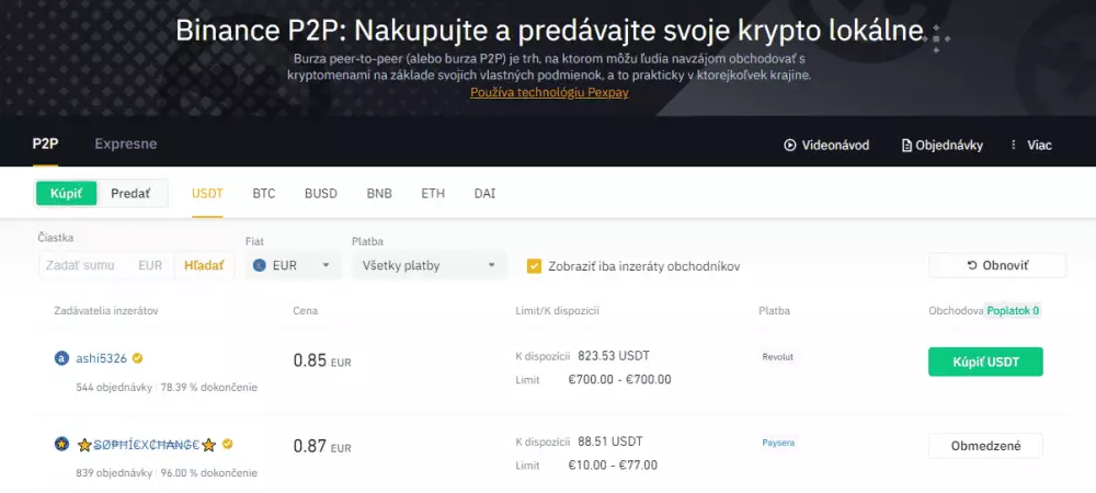 Vklad prostredníctvom P2P. Zdroj: Binance
