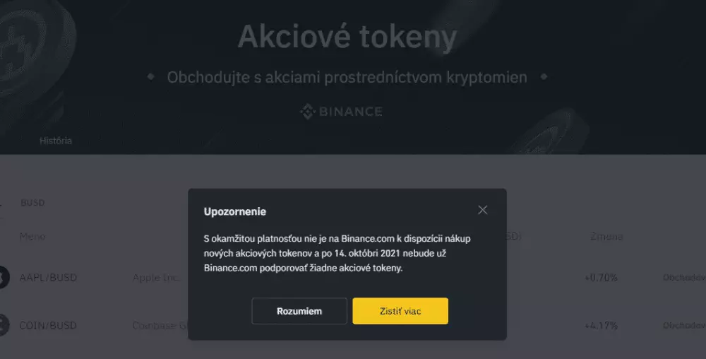 Obchodovanie akciových tokenov na Binance. Zdroj: Binance