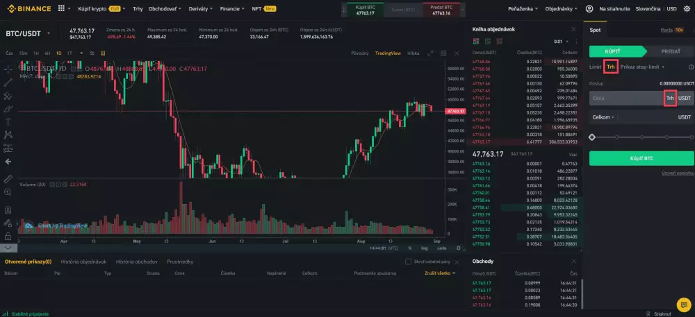 Trhový príkaz na nákup. Zdroj: Binance