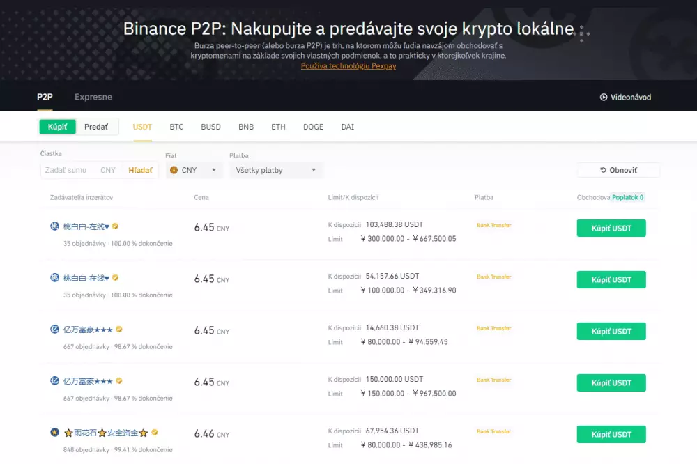 P2P obchodovanie na Binance. Zdroj: Binance