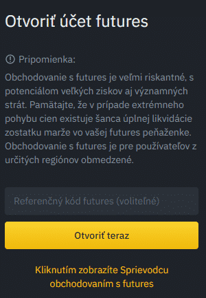Binance futures - otvorenie účtu. Zdroj: Binance