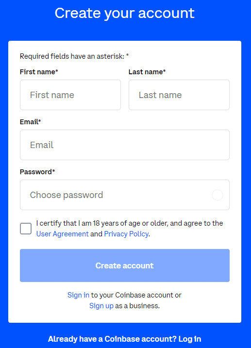 Coinbase registrácia krok 2. Zdroj: Coinbase