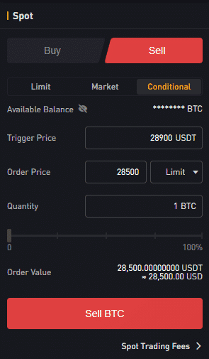 Conditional príkaz na limitný predaj. Zdroj: Bybit
