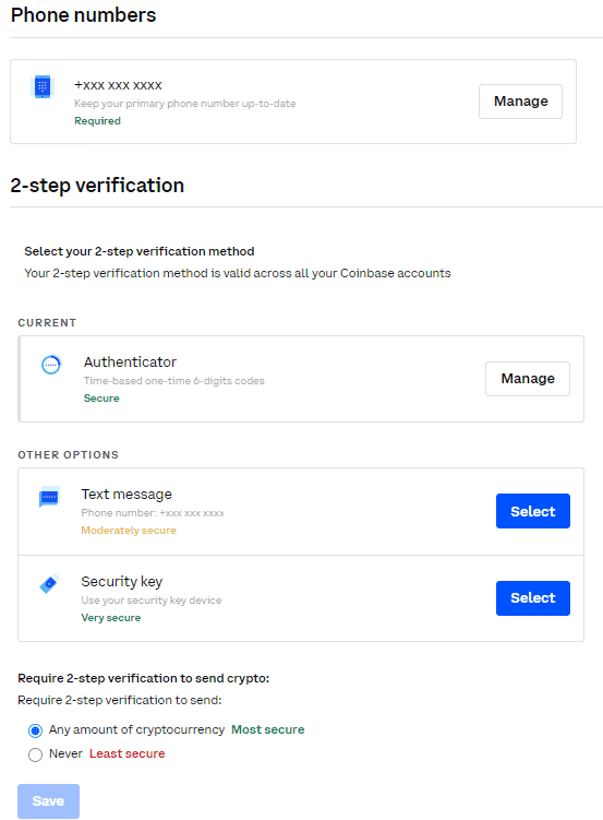 Dvojfaktorové overenie na Coinbase. Zdroj: Coinbase