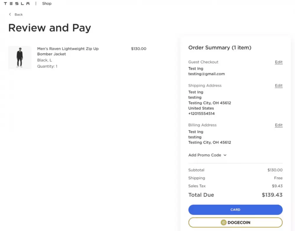 Platba Dogecoinom na stránke Tesly