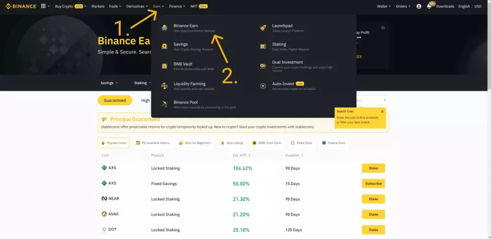 Binance staking navigácia v menu