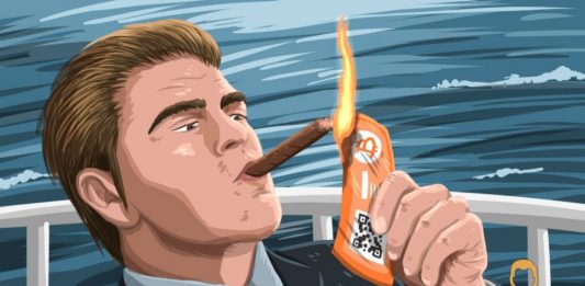 bitcoin, bohaty clovek si zapaluje cigaretu bitcoin bankovkou