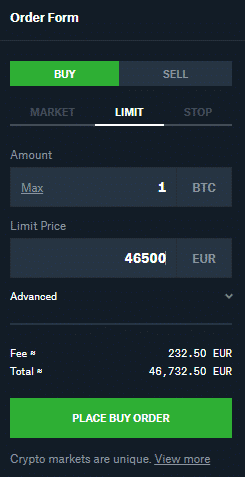 Limit n&aacute;kup. Zdroj: Coinbase Pro