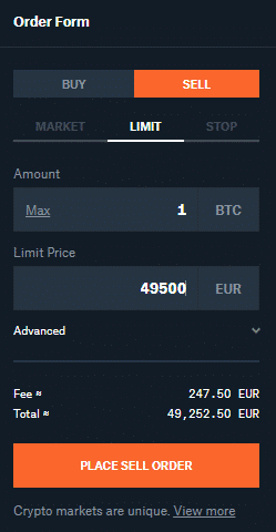 Limit predaj. Zdroj: Coinbase Pro